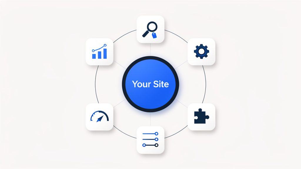 Practical Free SEO Tools That Help You Rank 41 A simple toolkit diagram showing major free SEO tool categories (Search analytics, Keyword research, Technical audit, On-page optimization, Performance, Browser extensions) as labeled icons around a central 'Your Site' hub, indicating how each tool type supports research, diagnosis, optimization, and measurement.