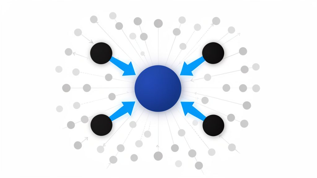 The Essential Guide to Backlinks and Website Authority 2 A simple web-graph / endorsement metaphor: many website nodes (circles) connected by arrows to a target site in the center. A few arrows come from large, clearly labeled 'trusted' nodes (bigger circles, different color) and should be visually stronger (thicker, brighter). Many other arrows come from small, greyed-out nodes (thin, faint lines) to show weak or irrelevant links. Include a small caption-like label near the strong nodes: 'high-quality, relevant endorsement', and near the faint nodes: 'low-value/irrelevant links'.