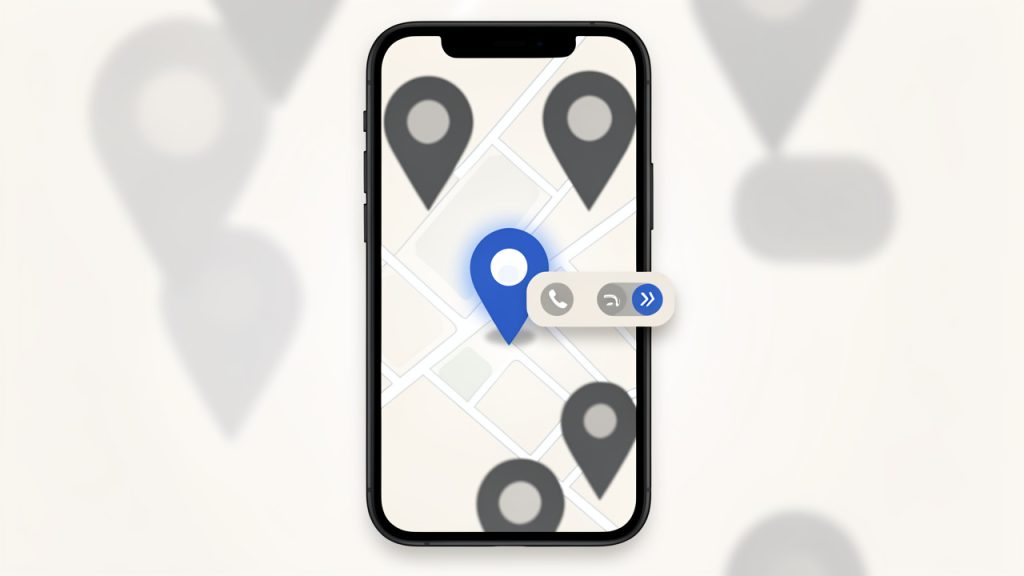 Local SEO: How Small Businesses Win Nearby Customers 7 Mobile search/map view showing a user searching 'plumber near me' with map pins. Emphasize a small local business pin highlighted (with call/get directions buttons) and larger competitors in the background to convey 'easier to find' local visibility.