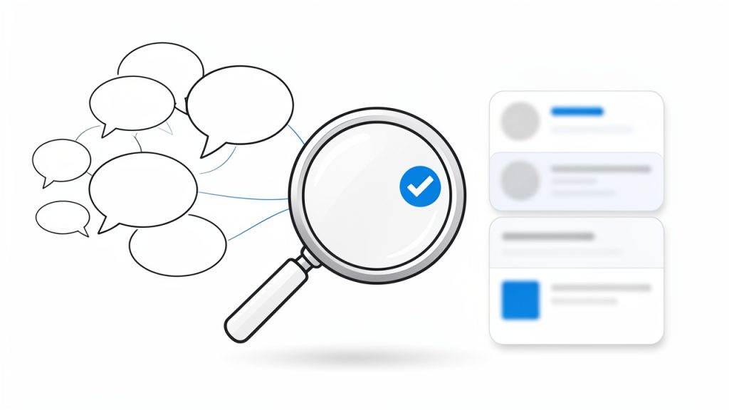 A Practical SEO Guide for Small Businesses and Creators 16 A visual metaphor showing a search engine (magnifying glass/search bar) acting as a matchmaker: multiple user queries on the left (speech bubbles) are being matched to the single best page on the right. The image highlights the idea of intent matching with a checkmark on the chosen page and faded/ignored pages that don't fit.