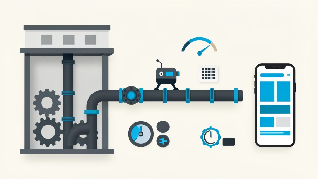 How Professional SEO Services Grow Your Business 35 Visual metaphor of technical SEO as plumbing and engineering, showing sitemap, crawling bot, speed gauge, mobile responsiveness, and redirect/canonical tags