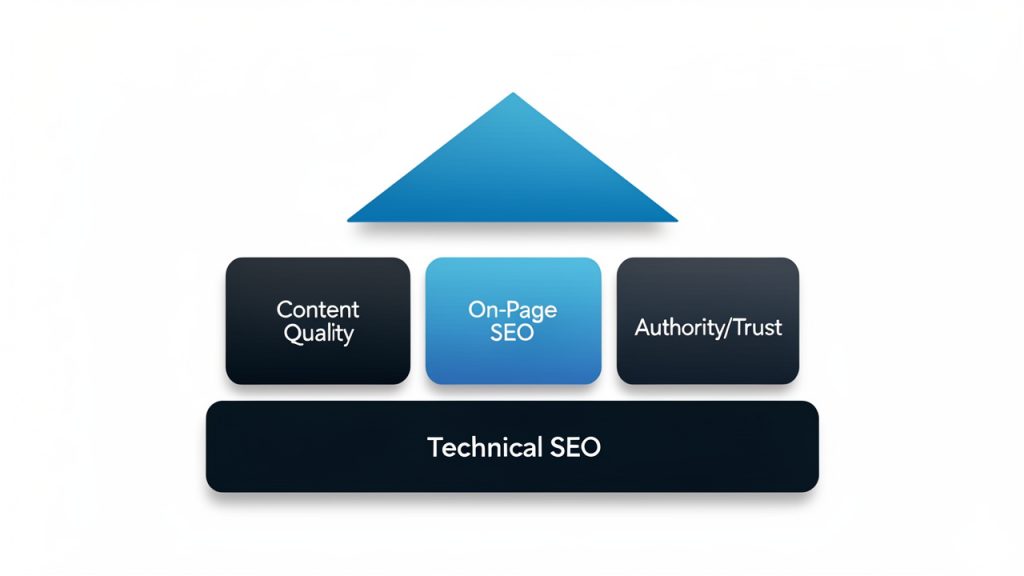 A Practical SEO Guide for Small Businesses and Creators 17 A pillar/foundation diagram labeling the key SEO components as building blocks: Content Quality, On‑Page SEO, Technical SEO (foundation), Authority/Trust, and User Experience (roof). The technical SEO block is drawn as the base foundation to echo its infrastructural role.
