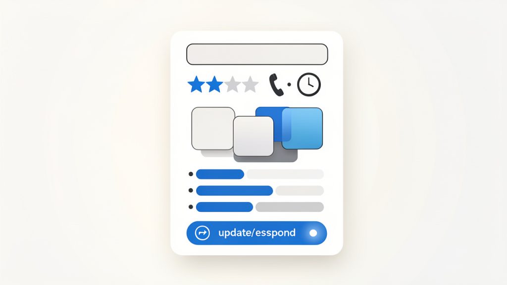 Local SEO: How Small Businesses Win Nearby Customers 8 A stylized 'Google Business Profile' card as a digital storefront: business name, star rating, hours, phone (tap-to-call), photos, services list and an 'update / respond' action to communicate active management.