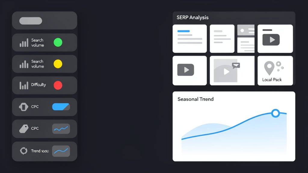 Best Keyword Research Tools for Small Teams and Freelancers 18 Dashboard-style mockup of a keyword research tool UI showing key metrics side-by-side: a list of keywords with columns for search volume, keyword difficulty (score), CPC (cost-per-click), and a small sparkline for trends; a panel that previews SERP analysis with icons indicating result types (organic snippets, videos, shopping/product cards, local pack); and a chart showing seasonal trend for a selected keyword. Clean, modern UI with clear labels and color-coded difficulty (green/yellow/red).