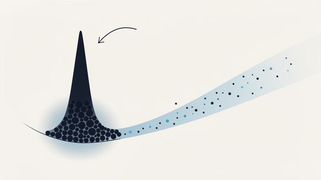 How to Use Long-tail Keywords to Grow a Small Site 20 A simple 'long tail' demand curve: a tall narrow spike on the left labeled 'short-tail / high volume' and a long trailing tail to the right labeled 'long-tail / many low-volume queries'. Add callouts showing 'high competition' at the left spike and 'collective opportunity' across the tail.