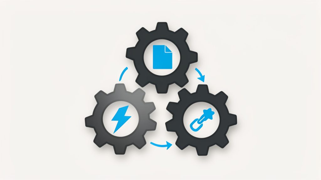 How to Rank on Google: A Practical Guide for Small Sites 5 Three interlocking gears (or pillars) labeled “Content,” “Technical,” and “Signals/Authority” with arrows showing they must work together. Emphasize balance — if one gear is weak, the system falters. Clean, simple icons for each gear (e.g., document for content, speed/bolt for technical, link/star for signals).