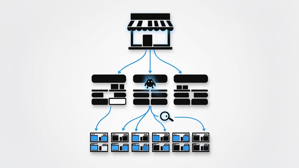 Shopify SEO: A Practical Guide to Boost Search Traffic 12 A schematic 'store as a shop' site-architecture diagram: a storefront (homepage) at the top, branching into category/collection aisles, each aisle leading to product shelves (product pages). Include arrows showing internal linking between collections and products and a crawler icon tracing an easy path down the hierarchy to illustrate crawlability and distribution of authority.