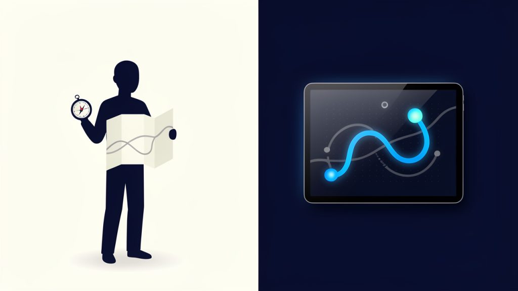 How to Use AI in SEO Effectively 2 Side-by-side metaphor: left panel shows traditional SEO as a person with a compass and paper map navigating a route; right panel shows AI-assisted SEO as a tablet or dashboard overlaying a dynamic navigation map with suggested routes, missed turns, and highlighted opportunities.