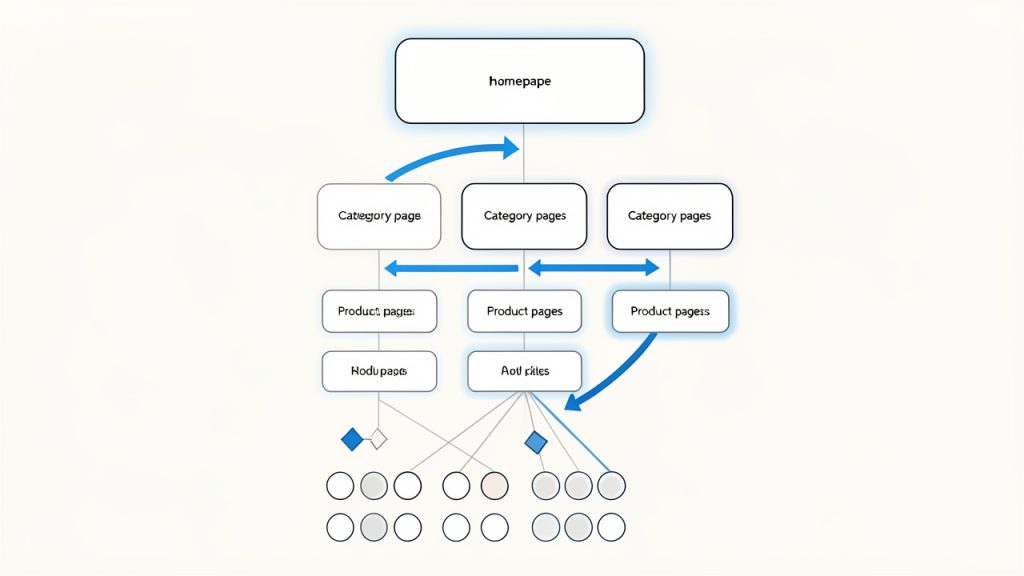 Ecommerce SEO: A Practical Guide to Optimize Online Stores 24 A clear site architecture diagram showing homepage > category > subcategory > product pages, with faceted/filtered URLs branching off. Include a visual cue for 'important pages within a few clicks' and highlight crawl paths (arrows) to show crawlability.