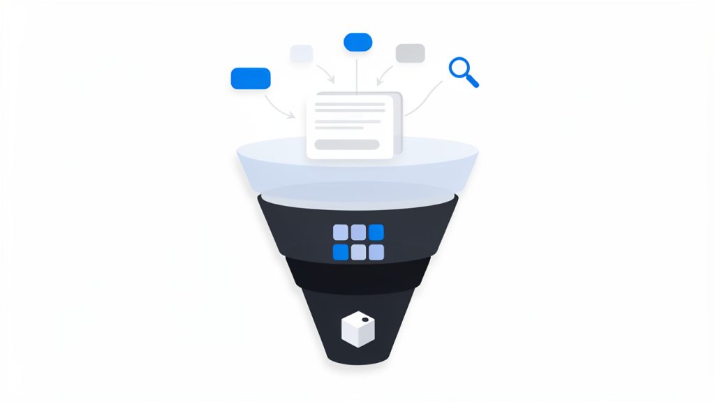 Shopify SEO: A Practical Guide to Boost Search Traffic 11 A keyword-intent funnel: three-tiered funnel labeled Informational → Commercial/Comparison → Transactional. Each tier shows the page types that match that intent (top: blog posts/guides; middle: collections/category pages; bottom: product pages) and example search queries for each stage.