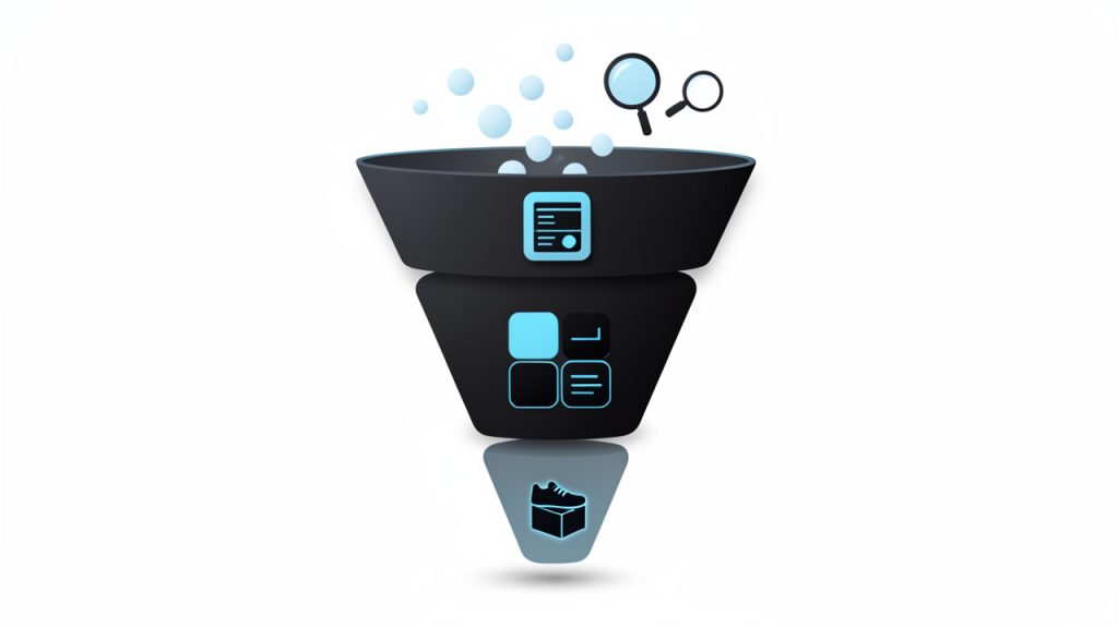 Ecommerce SEO: A Practical Guide to Optimize Online Stores 23 A funnel-style illustration mapping buyer intent to page types: top (informational queries) → guides/blogs, middle (commercial investigation) → category/collection pages, bottom (transactional intent) → product pages. Show examples of queries at each stage (e.g., 'best running shoes for flat feet' → category/guide; 'Nike Air Zoom Pegasus 38' → product).