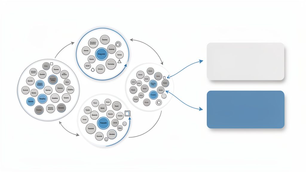How to Use AI in SEO Effectively 3 Keyword clustering diagram: many individual keyword bubbles grouped into labeled clusters (e.g., 'beginner setup', 'automation workflows', 'open rate improvement'), with intent tags (informational, transactional, navigational) and arrows showing how clusters form topic pages.