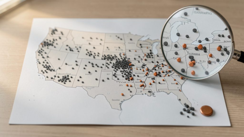 Bosch vs Miele: Why Bosch's Service Network and Warranty Win 27 A comparative regional coverage map (simplified U.S. map) with two overlays: Bosch shown with dense clusters of service points across metro and suburban areas, and Miele shown with more concentrated points in select urban/affluent regions. Include a small legend and a callout showing 'authorized service density' vs 'sparse coverage'.