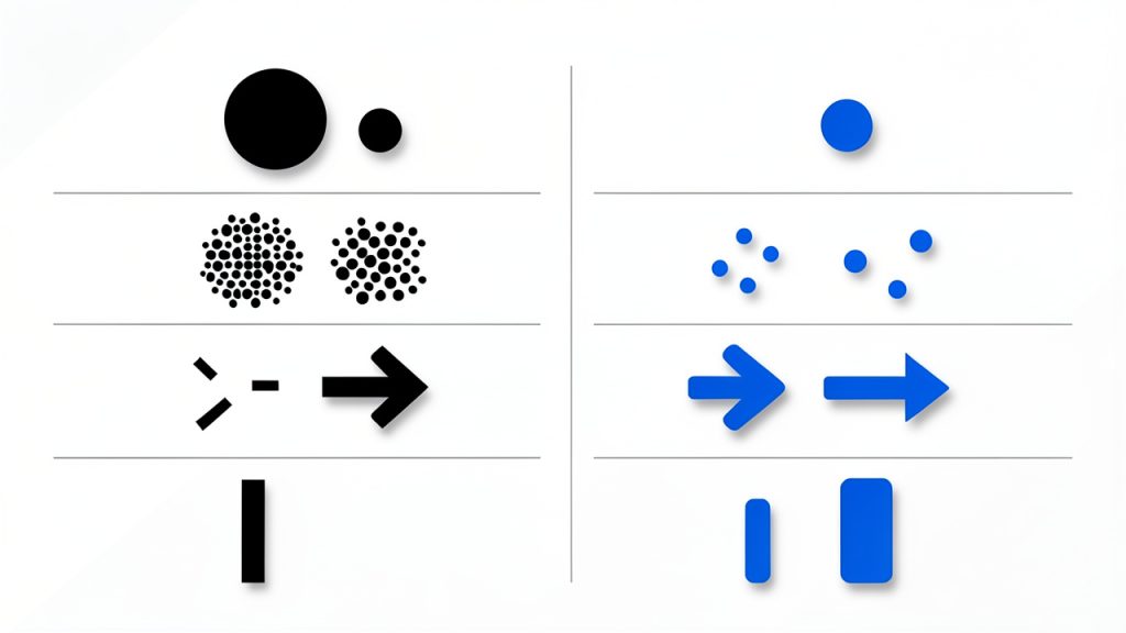 How to Use Long-tail Keywords to Grow a Small Site 21 A two-column visual comparing short-tail vs long-tail: icons or bullets for each attribute (Search Volume, Competition, Intent Clarity, Conversion Potential) with arrows or color coding showing 'High/Low' differences — short-tail: high volume, high competition, low intent clarity; long-tail: lower volume, lower competition, higher intent clarity and conversion.