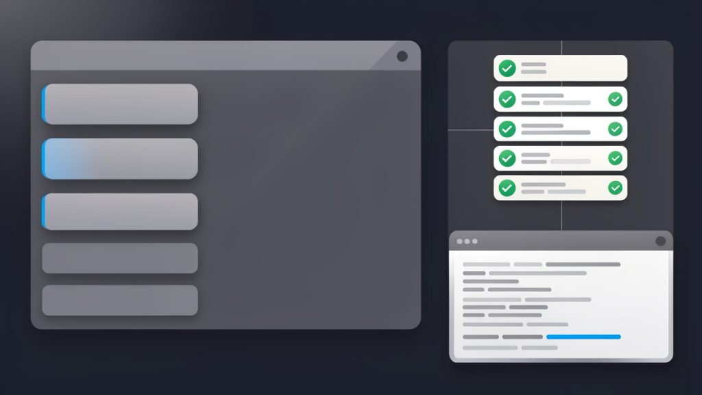 GitHub Actions: A Step-by-Step Tutorial for Beginners 15 A screenshot-style illustration of the GitHub Actions tab showing a beginner workflow run: list of workflow runs on the left, selected run details on the right with a job tree, green checkmarks for successful jobs and steps, and an expandable log pane displaying command output. Make it look like the real GitHub UI but simplified and focused on the success/failure indicators and clickable steps/logs.