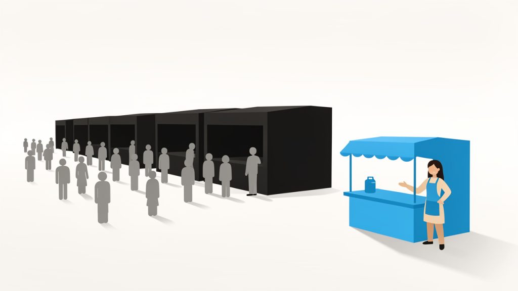 Best Keyword Research Tools for Small Teams and Freelancers 17 Illustration of the market-stall analogy: a simple streetscape with a crowded main street full of identical stalls labeled 'High Volume / High Competition' and an affordable, well-positioned side street stall labeled 'Niche / Right Traffic'. Include a small business owner happily attending the side-street stall while the main street stalls look busy but expensive. Emphasize accessibility and the idea of realistic foot traffic versus costly competition.