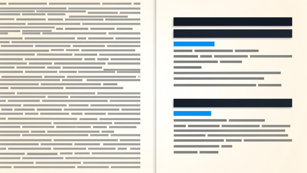 Split illustration showing two versions of the same article page: left side dense blocks of text, right side well-structured and easy to scan