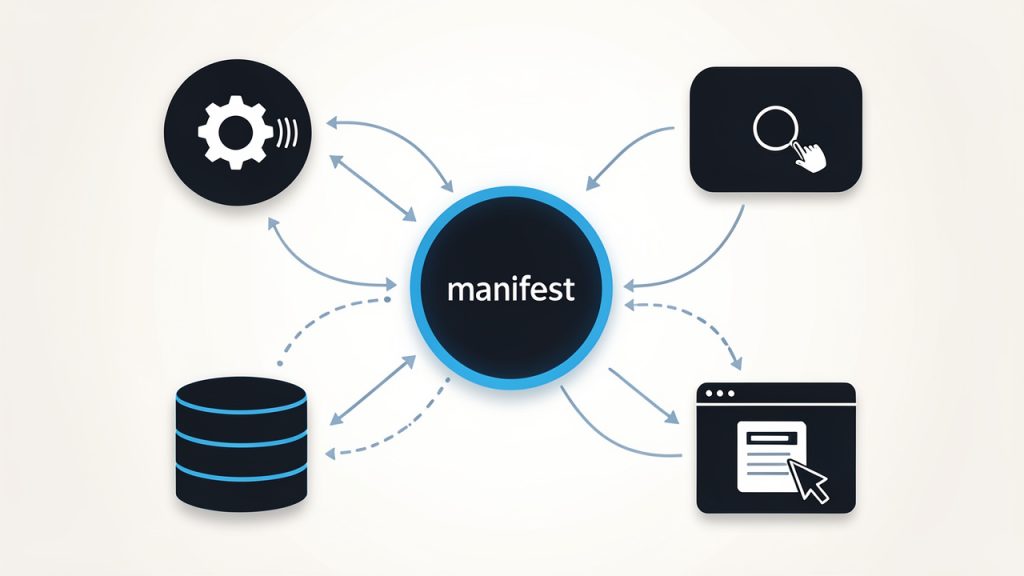 Extension architecture diagram showing manifest.json at the center, with arrows to a service worker (background logic), popup (UI), content script (page interaction), and chrome.storage