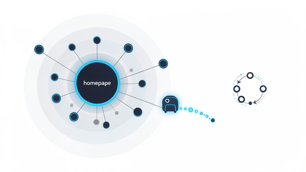 A stylized website crawler (bot) moving through a sitemap diagram