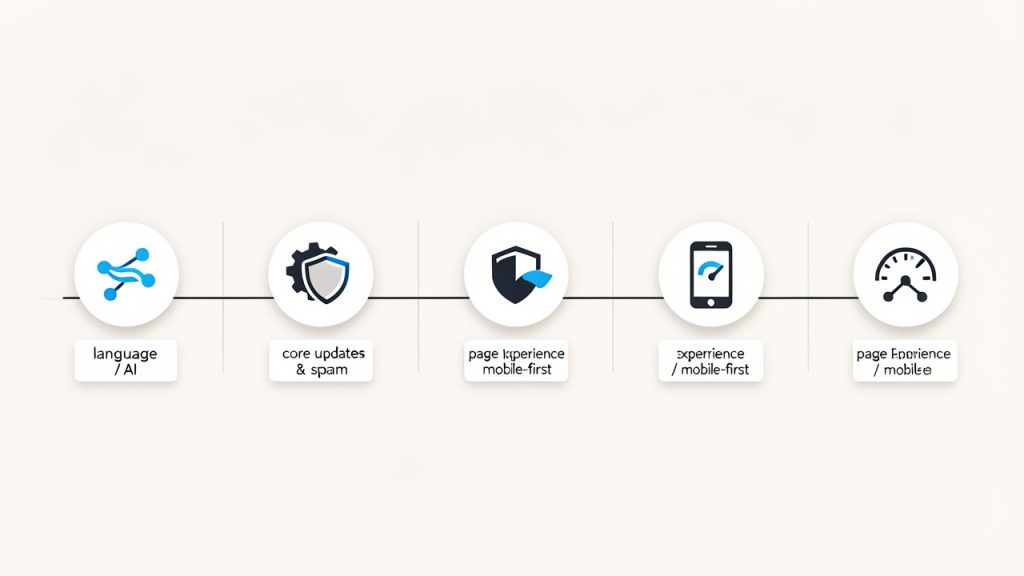 A clean horizontal timeline spanning 2019–2024 with six labeled milestones: 2019 — BERT rollout; 2020 — Core updates & spam improvements; 2021 — Page Experience / Core Web Vitals & mobile-first indexing; 2022 — Helpful Content update; 2023 — Core & reviews updates; 2024 — Core & spam updates.