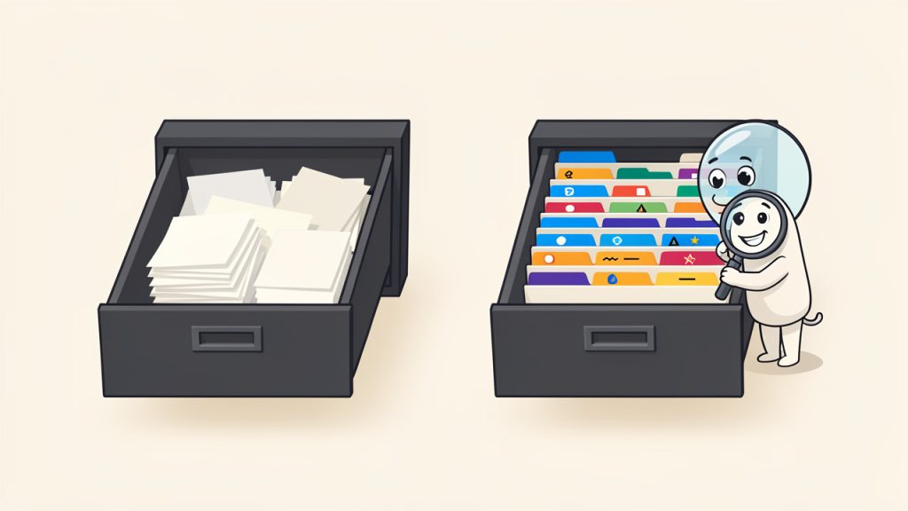 Filing cabinet metaphor showing unlabeled messy drawer vs labeled neat drawer with a happy search-engine character organizing files