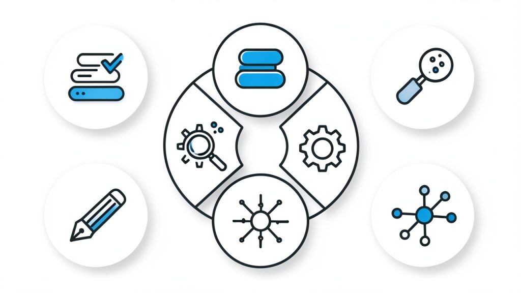 How to Choose the Best AI SEO Tools for Your Workflow 3 A clear icon grid or wheel showing the main AI SEO tool categories (content optimization, keyword/topic research, technical SEO, writing assistants, workflow/all-in-one), each with a simple representative icon and a one-line label.