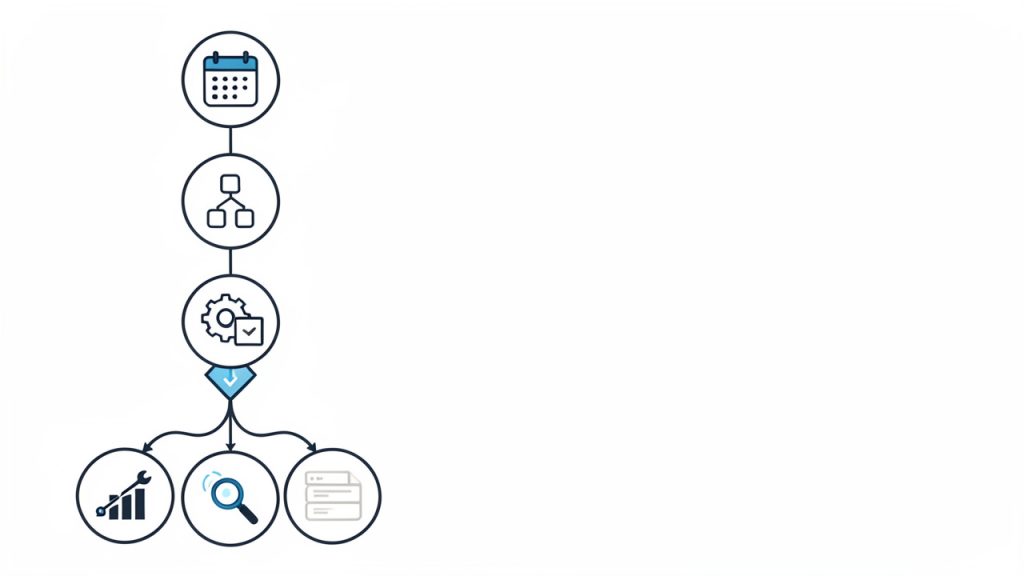A 5-step diagnostic flowchart/checklist for determining whether an update affected a site: Step 1: Check timing vs rollout (calendar icon); Step 2: Compare affected sections (site map icon); Step 3: Review technical changes in last 30 days (code/gear icon); Step 4: Check Search Console for manual actions/security (shield/icon); Step 5: Compare year-over-year trends (graph icon). Include a decision branch that prompts 'If technical issue found → fix and monitor' otherwise 'Proceed to content and quality review'.