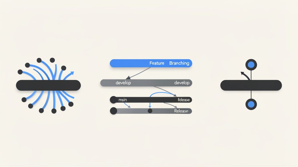 Five compact topology sketches comparing Feature Branching, Git Flow, Trunk-Based, Release Branching, Hotfix