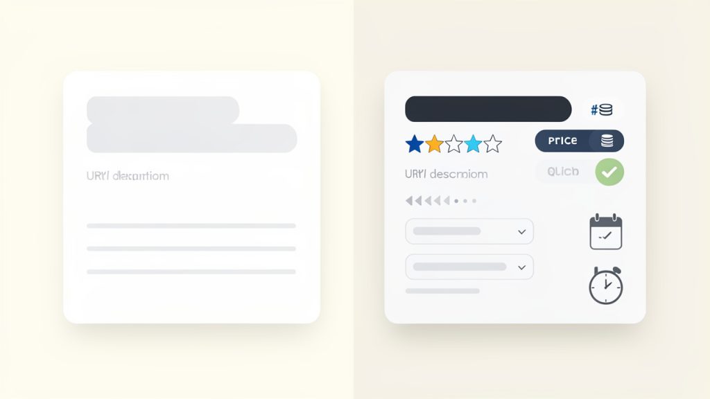 Comparison of a plain search result vs a rich search result showing stars, price, breadcrumbs, FAQ snippets and event date, labeled "eligible via schema"