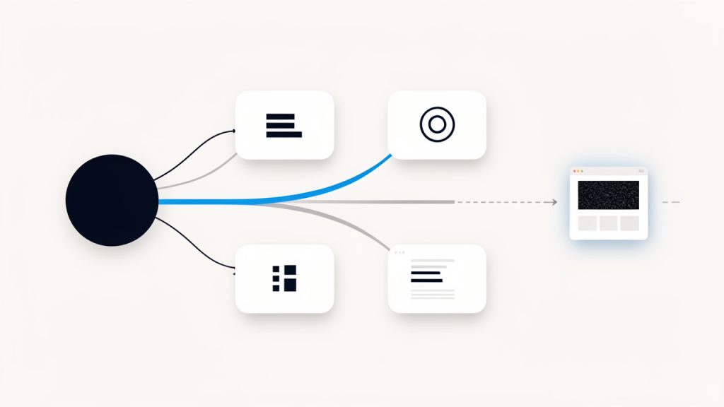 Flow diagram showing a user query branching into different intent types, with examples of matching and mismatching pages